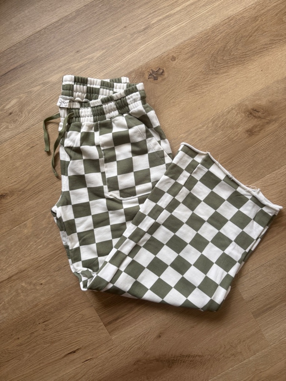Wide Leg Checkerboard Cotton Pants - Olive & White
